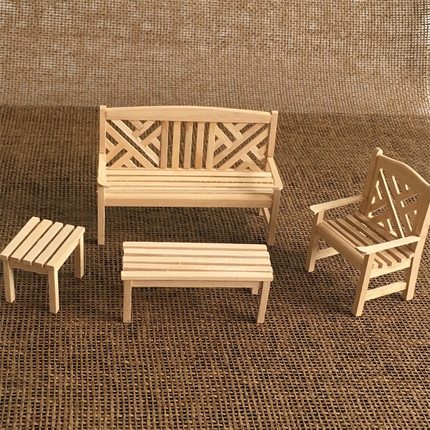 1:12娃娃屋迷你家具模型 室外花园4件套 木质沙滩椅素坯可DIY上色