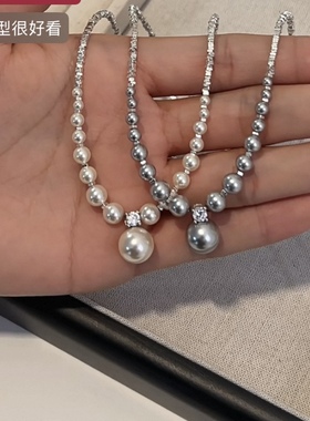 925纯银碎银子施家珍珠项链女款2024新款颈链渐变串珠锁骨链包邮