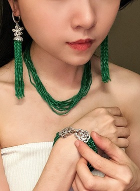 绿野仙踪人造猫眼石仿真祖母绿手链项链耳环套装流苏显瘦配饰多层