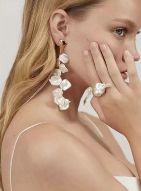 ins欧美风天然巴洛克珍珠红玛瑙水晶简约时髦冷淡风开口戒指指环