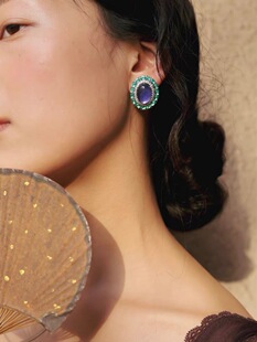 古董线《多洛米蒂》经典复刻蓝色琉璃耳饰 彩锆满镶椭圆耳钉耳夹