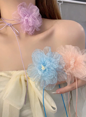 温柔欧根纱山茶花朵绑带项链女小众甜美精致长款颈链超仙氛围感女
