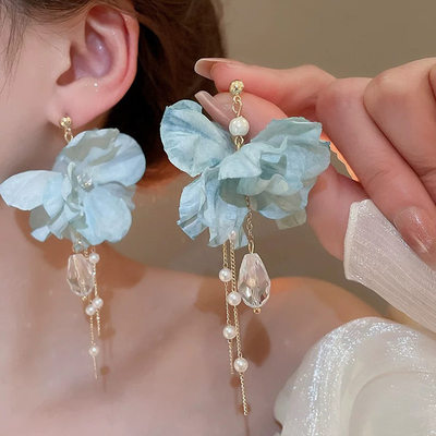 气质蓝色渐变花朵水滴吊坠耳钉仙气温柔元气少女百搭耳饰小众设计