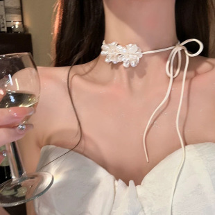 超仙法式 山茶花朵绑带颈链森系小清新甜美仙气配饰choker锁骨链