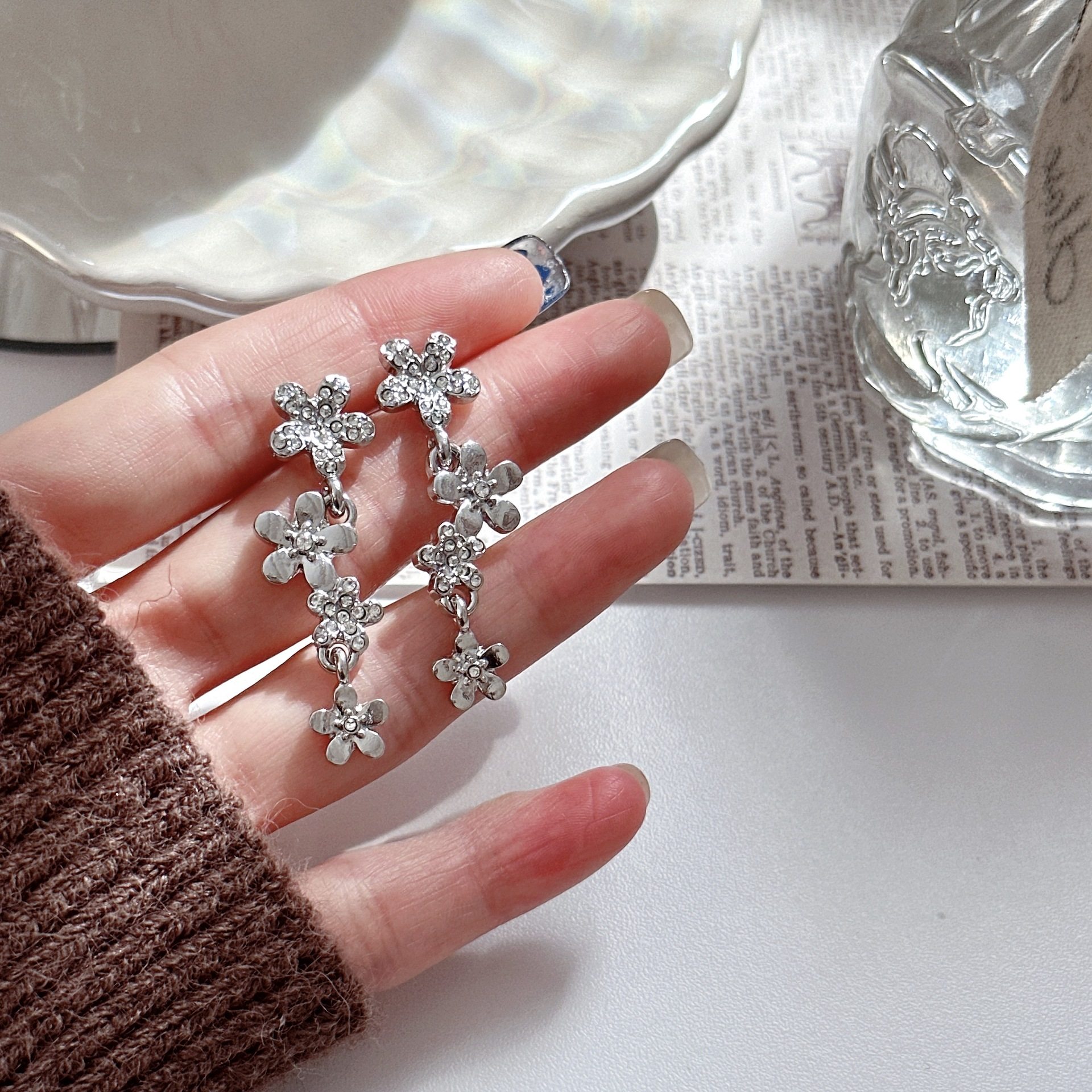 S925银针日韩气质温柔花朵耳钉长款流苏耳环小众设计感耳饰耳夹女,饰品/流行首饰/时尚饰品新,银饰耳饰,淘宝优惠券,粉丝福利购,淘宝优惠卷