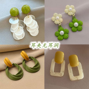 森系小清新绿色撞色无耳洞耳夹简约甜美花朵耳环港风复古几何耳饰