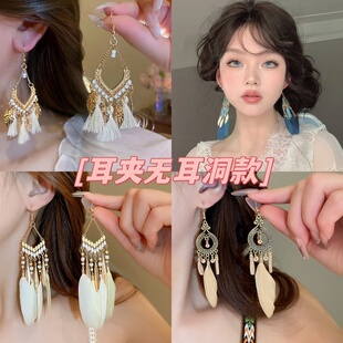 云南旅游度假风民族风红色波西米亚耳环小众耳夹无耳洞羽毛耳饰