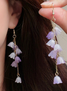 绝美紫色渐变铃兰花流苏耳钩森系小清新灵动气质耳坠奢华复古耳环