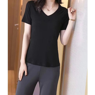夏季亲肤透气加捻100%桑蚕丝短袖T恤黑色显瘦V字领时尚百搭休闲