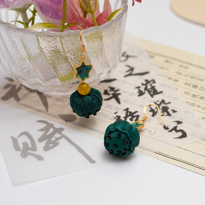 莲蓬饰品925银手工香云纱桑蚕丝高档耳饰耳钉民族风中国风耳坠