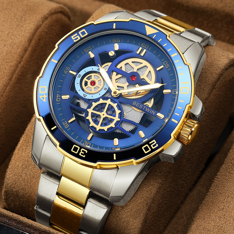 博士通BESTWIN男士时尚商务石英手表镂空钢带休闲潮流腕表