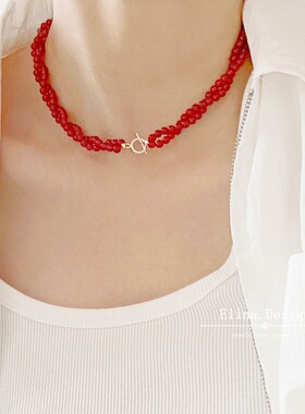 自制红玛瑙双层麻花缠绕OT扣项链S925银扣小众时髦复古精致锁骨链