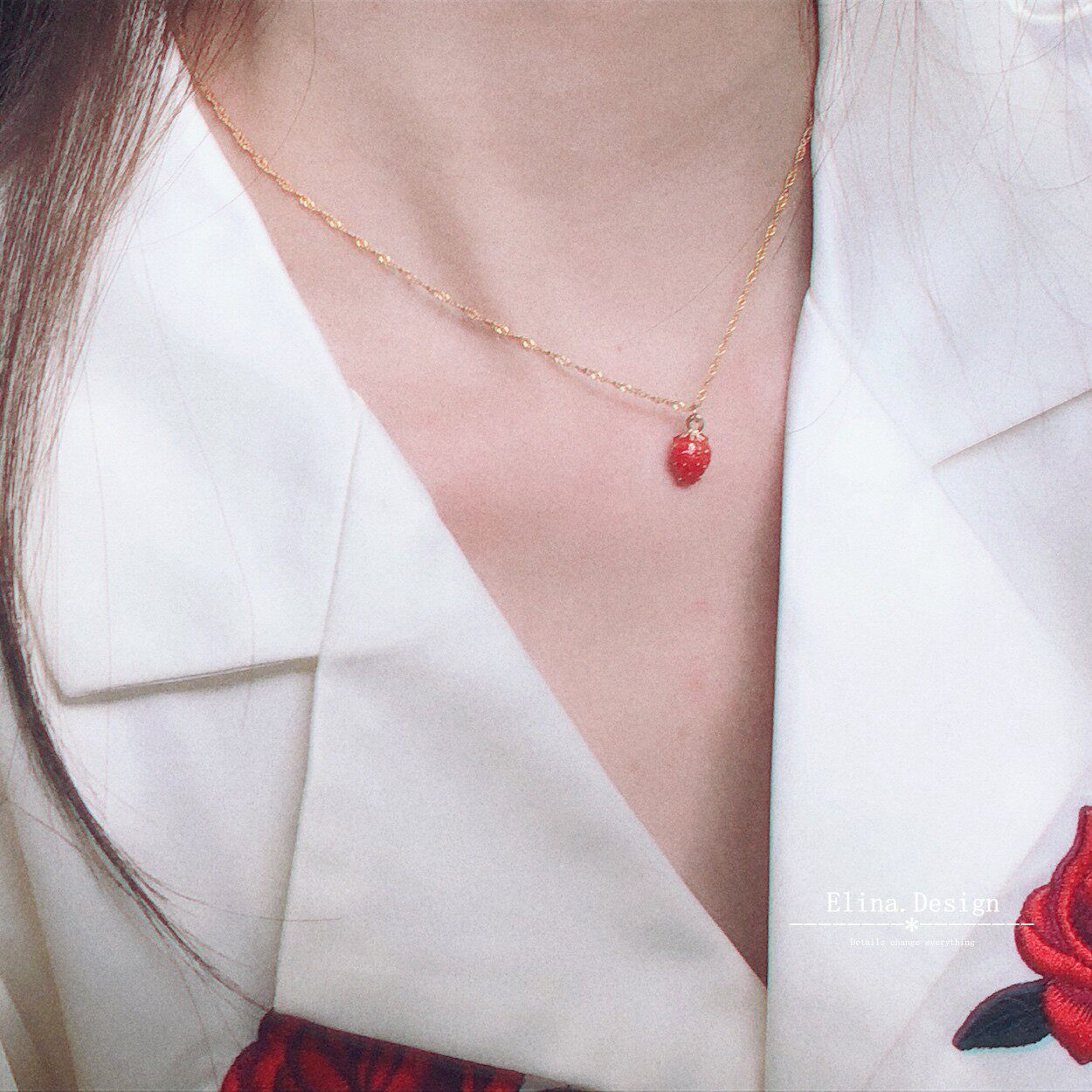 精致简约手工项链 ins博主百搭复古红樱桃草莓项链锁骨链女