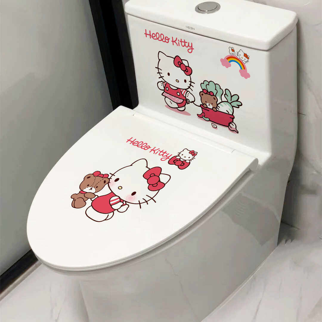 可爱KT猫马桶贴纸搞笑个性马桶盖贴画防水自粘厕所卫生间装饰墙贴