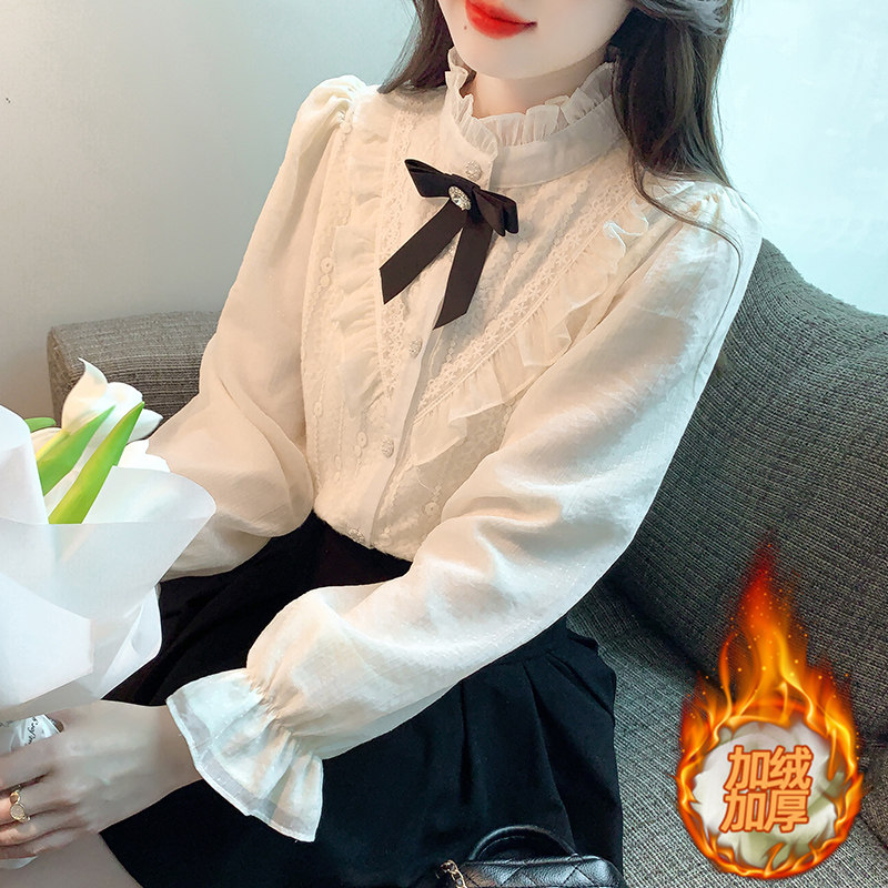 加绒蕾丝打底衫女装秋冬高级感漂亮时尚气质衬衫小香风蝴蝶结上衣