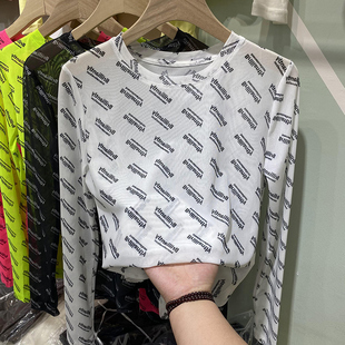 网纱微透内搭打底衫 2024春夏新款 潮 欧货薄防晒字母T恤女长袖 大码