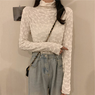 薄款 女百搭秋冬洋气提花设计感长袖 内搭棉 胖MM蕾丝高领打底衫 大码