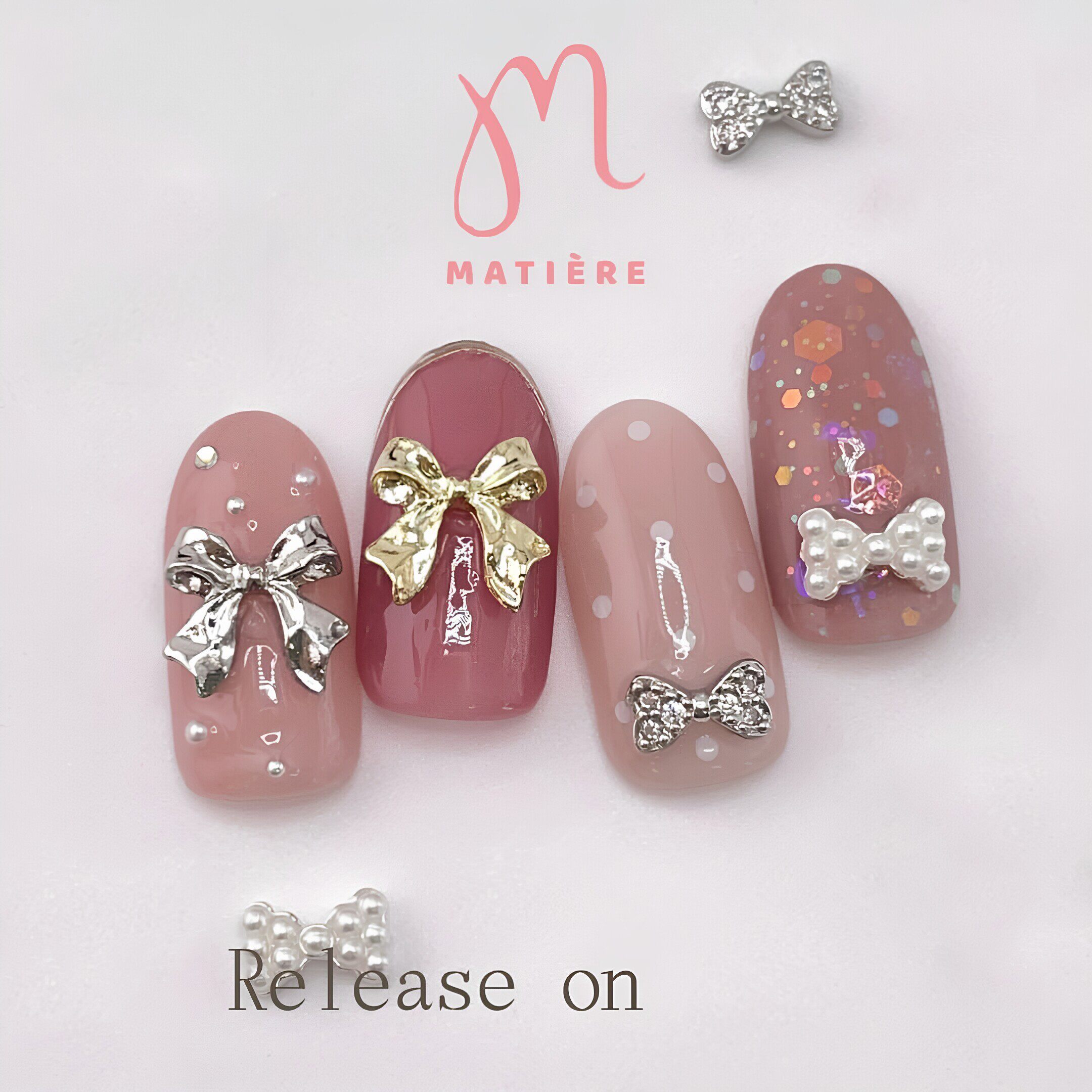 现货日本MATIERE美甲饰品 珍珠蝴蝶结闪钻蝴蝶结金属弧形底ins款