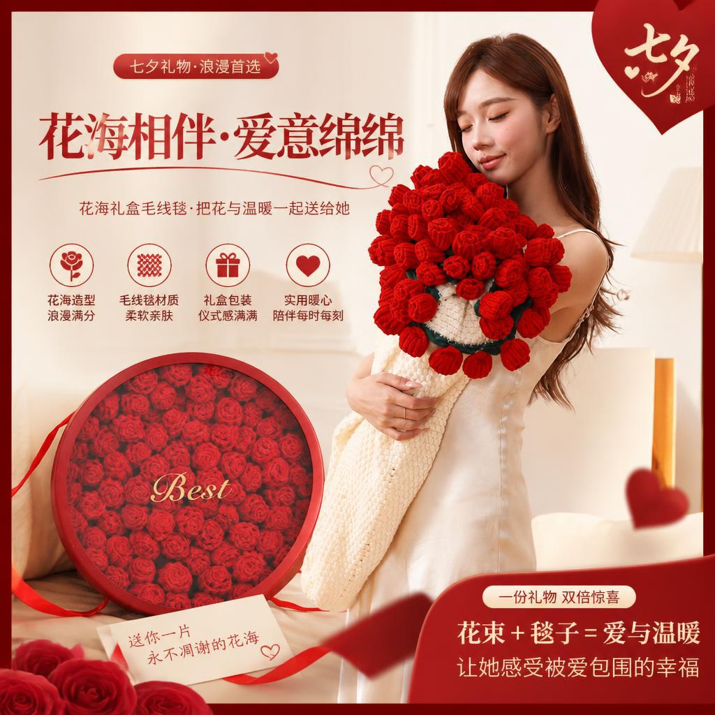 纯手工花束毯红色玫瑰盖毯成品送女朋友走心浪漫惊喜实用七夕礼物