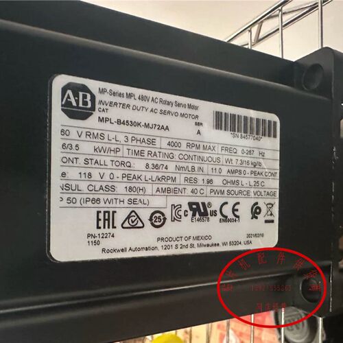 AB伺服电机 MPL-B4530K-MJ72AA,460V三相,60V RMS,3相