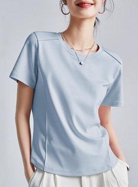 2026夏季半袖液氨80支丝光棉纯棉v领白色宽松鱼骨线正肩短袖女t恤