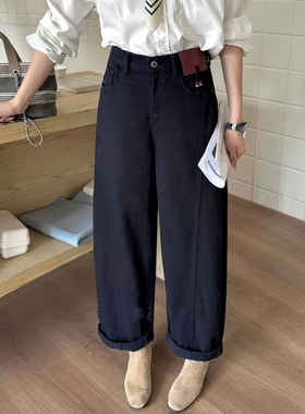 2025秋新款Jeans阿凡牛A5287藏青宽松阔腿弯刀裤女牛仔筒裤香蕉裤