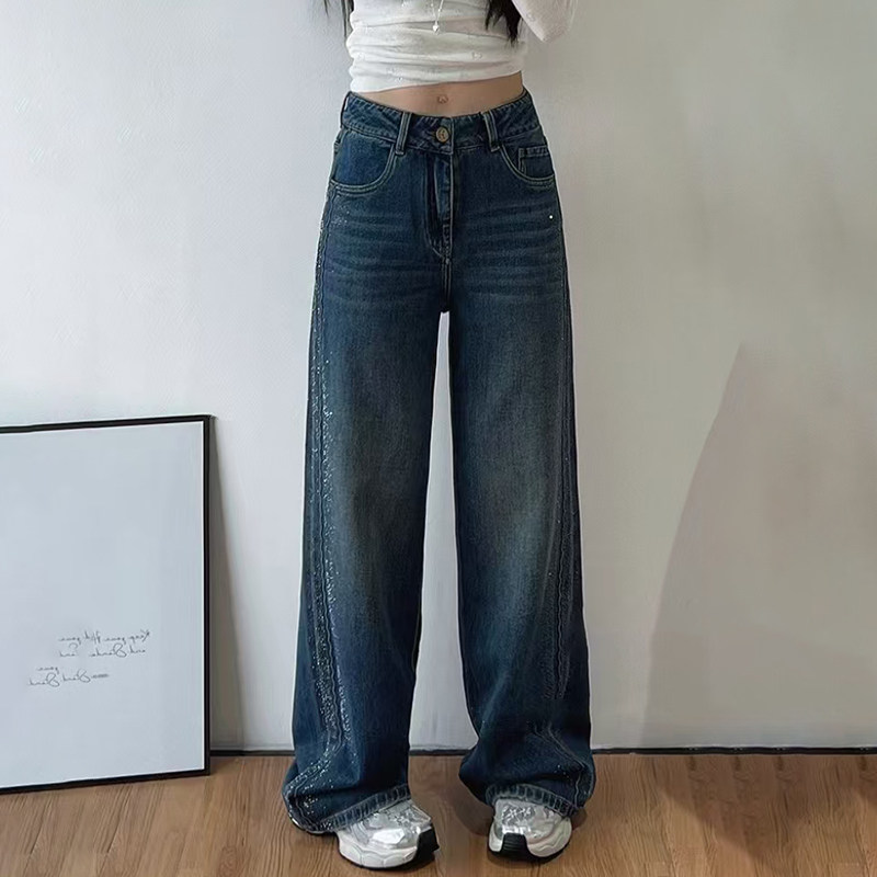 2026春款Jeans阿凡牛A3567时尚烫钻宽松显瘦百搭女牛仔直筒阔腿裤