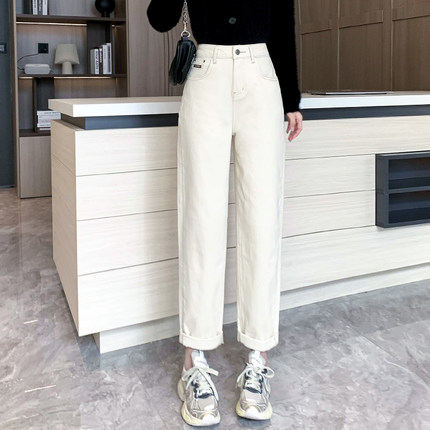 2024秋新款Jeans阿凡牛A3545米白宽松显瘦哈伦垮裤女牛仔老爹裤子