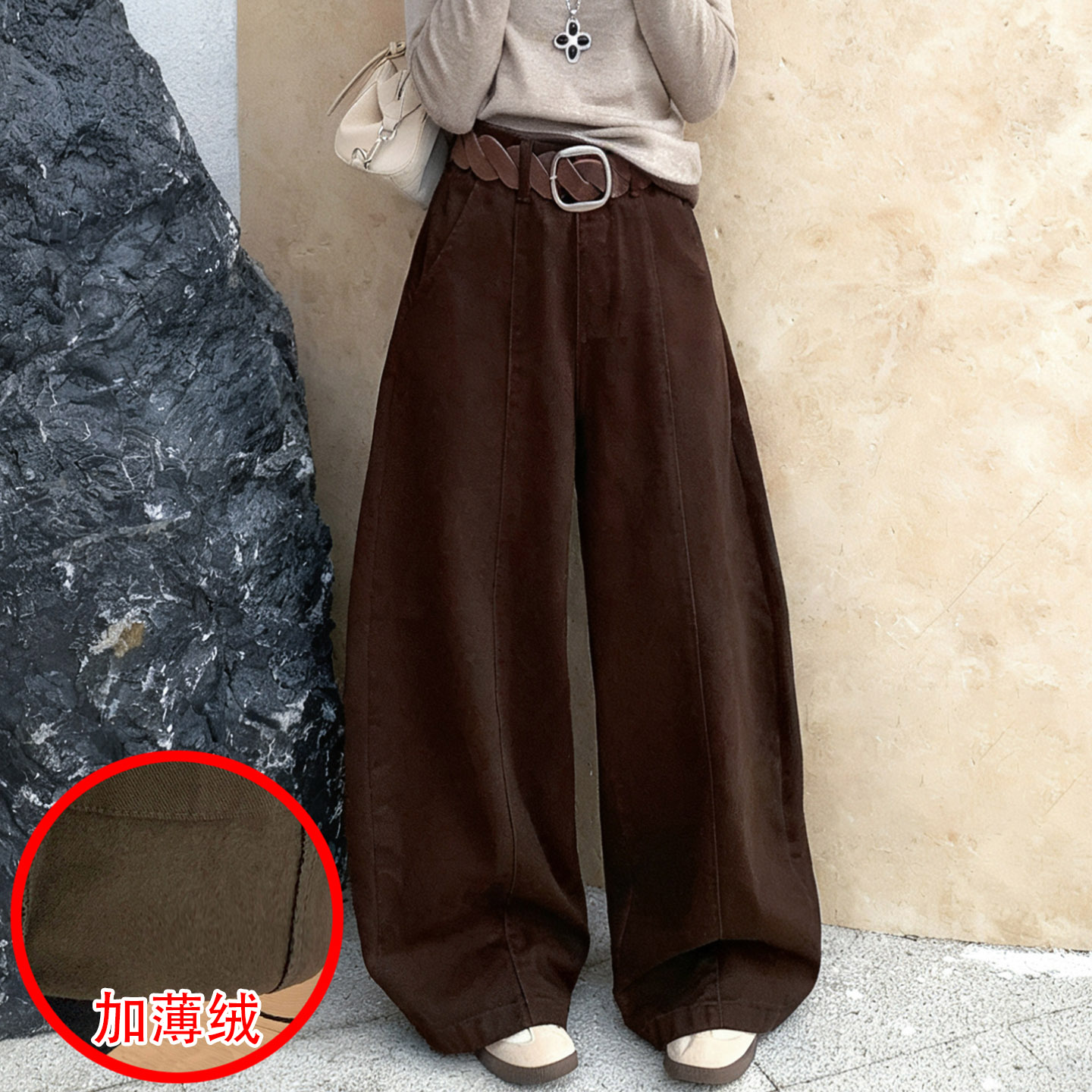 冬咖啡色宽松阔腿弯刀裤牛仔跨裤