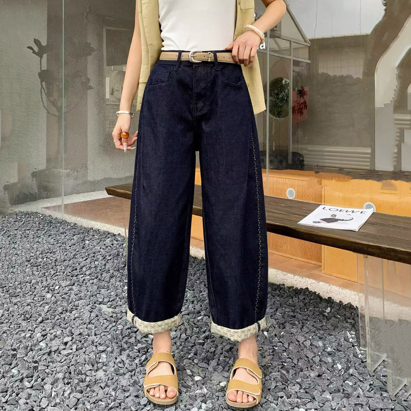 2026夏Jeans阿凡牛A5693深蓝宽松显瘦男友裤薄款女牛仔阔腿弯刀裤