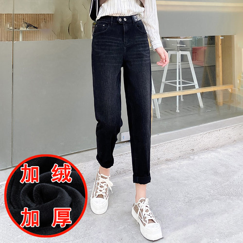 冬季松紧腰加厚加绒女牛仔老爹裤