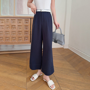 诺仙思美夏新款藏青色亚麻阔腿裤女弯刀裤九分垂感窄版冰丝直筒裤