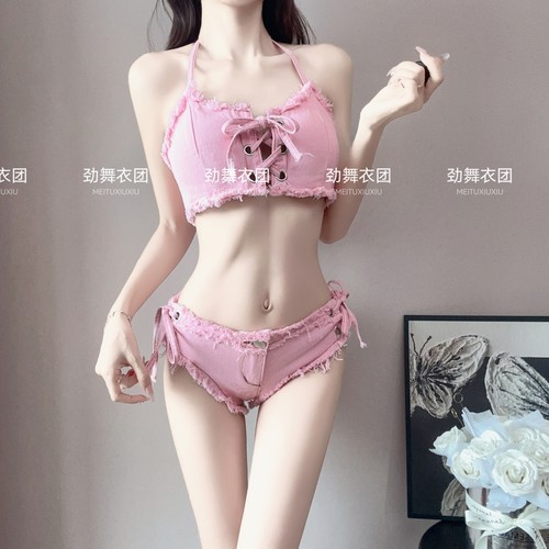 新款DS演出服酒吧gogo秀派对气氛女dj领舞性感粉色牛仔爵士舞套装