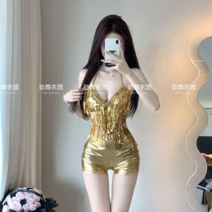 酒吧ds演出服新款欧美韩舞女团chic性感金色亮片吊带dj女舞台套装