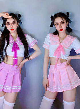 新品ds演出服gogo爵士舞套装酒吧DJ舞台女团学园风紫色百褶裙jk服