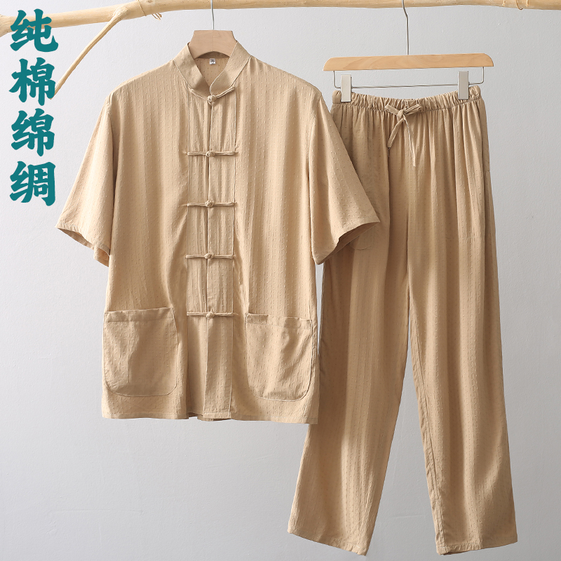 唐装男夏季短袖套装中老年薄款纯棉绵绸中国风中式男装爸爸爷爷装