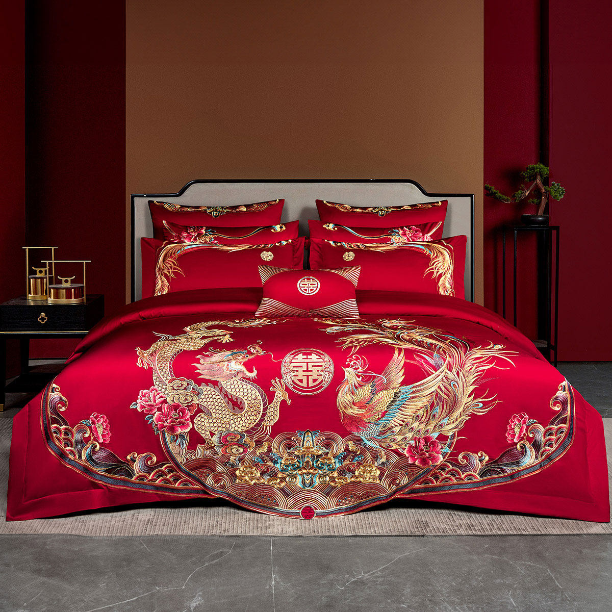 水星家纺全棉婚庆十件套纯棉60支长绒棉贡缎刺绣喜庆红色喜4件套