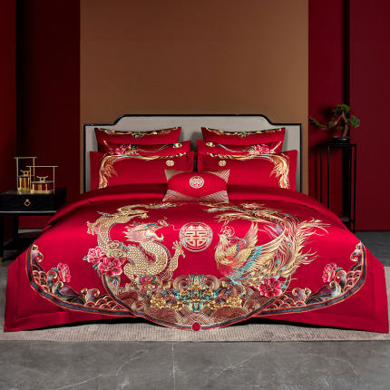 水星家纺婚庆四件套60支长绒棉贡缎套件中式刺绣喜庆红色婚嫁床品