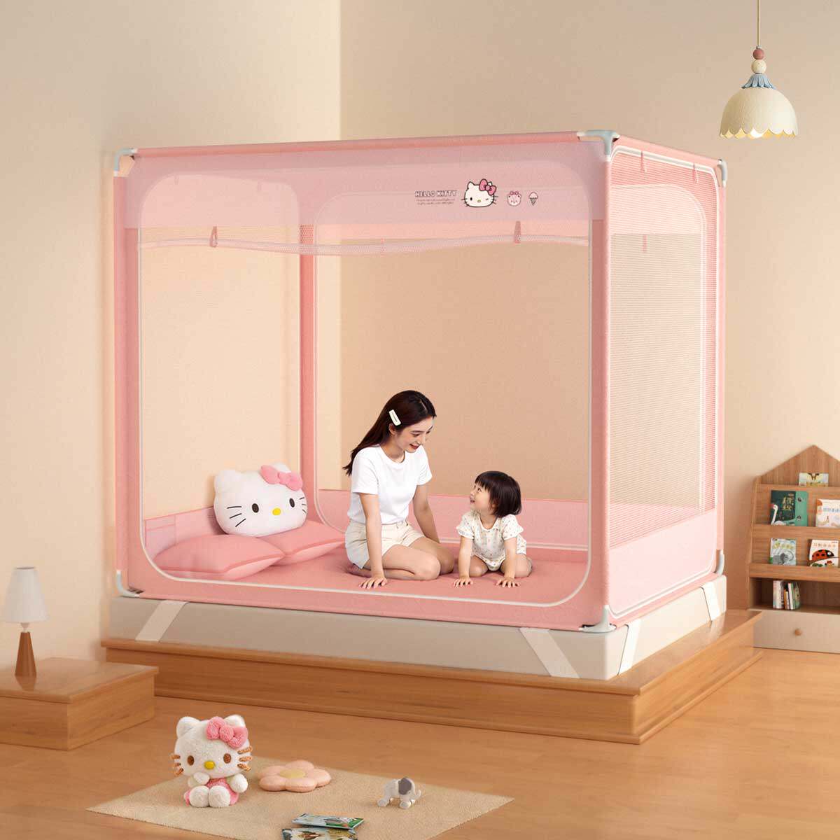 水星家纺儿童防摔蚊帐抑菌防蚊帐子女孩围栏家用婴儿防掉床26新品