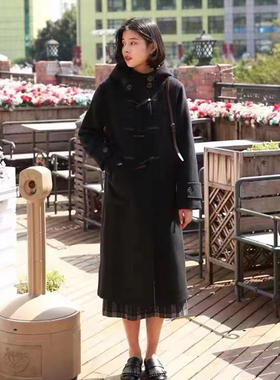 木桐榆叶韩版牛角扣黑色大衣宽松显瘦长款连帽毛呢外套