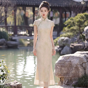 鹅黄色鱼尾提花旗袍2026新款改良复古日常新中式订婚连衣裙女夏季