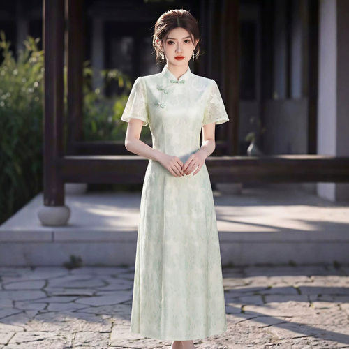 绿色蕾丝改良旗袍夏季小个子