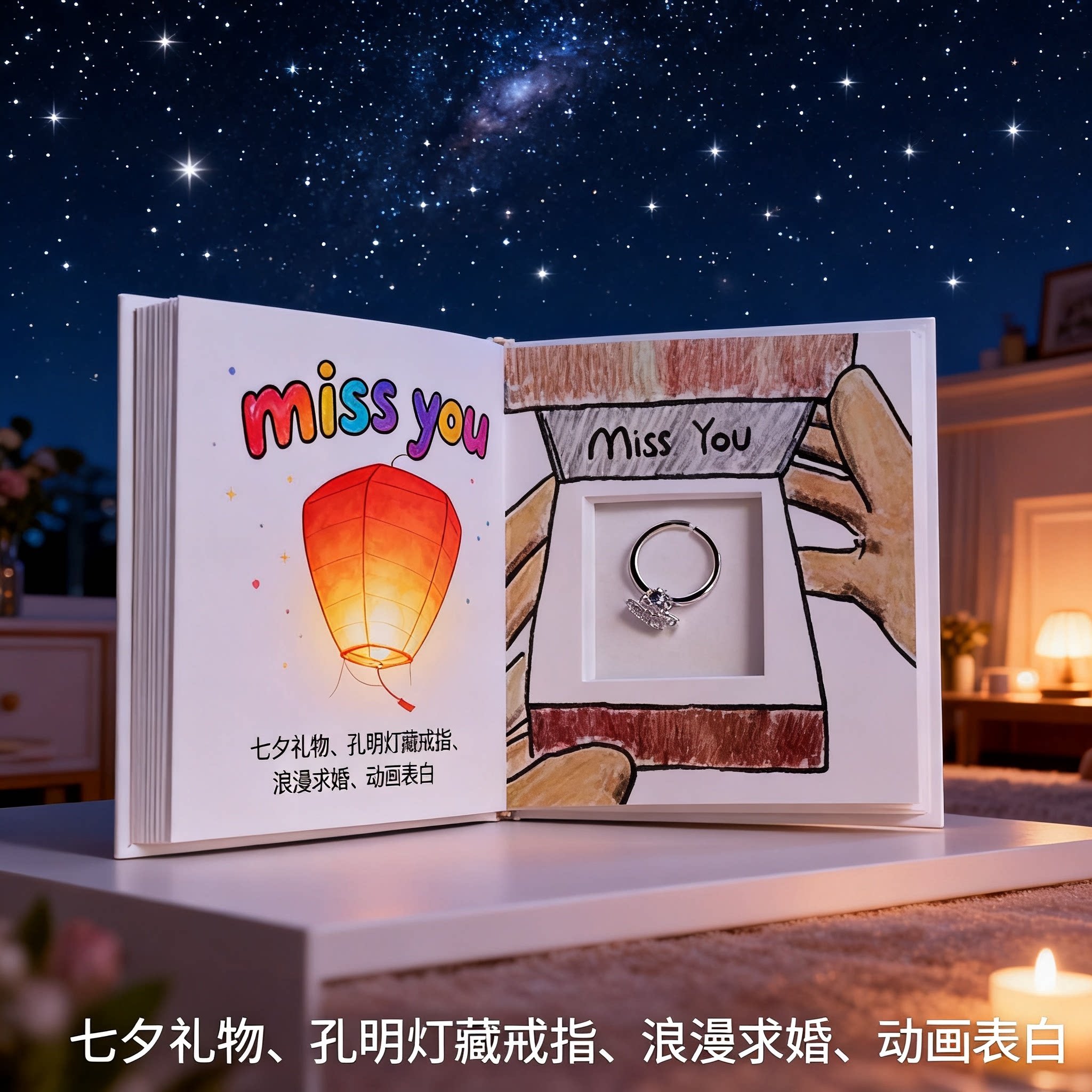 藏戒指手翻书孔明灯动画戒指盒七夕浪漫求婚告白送女友惊喜礼物