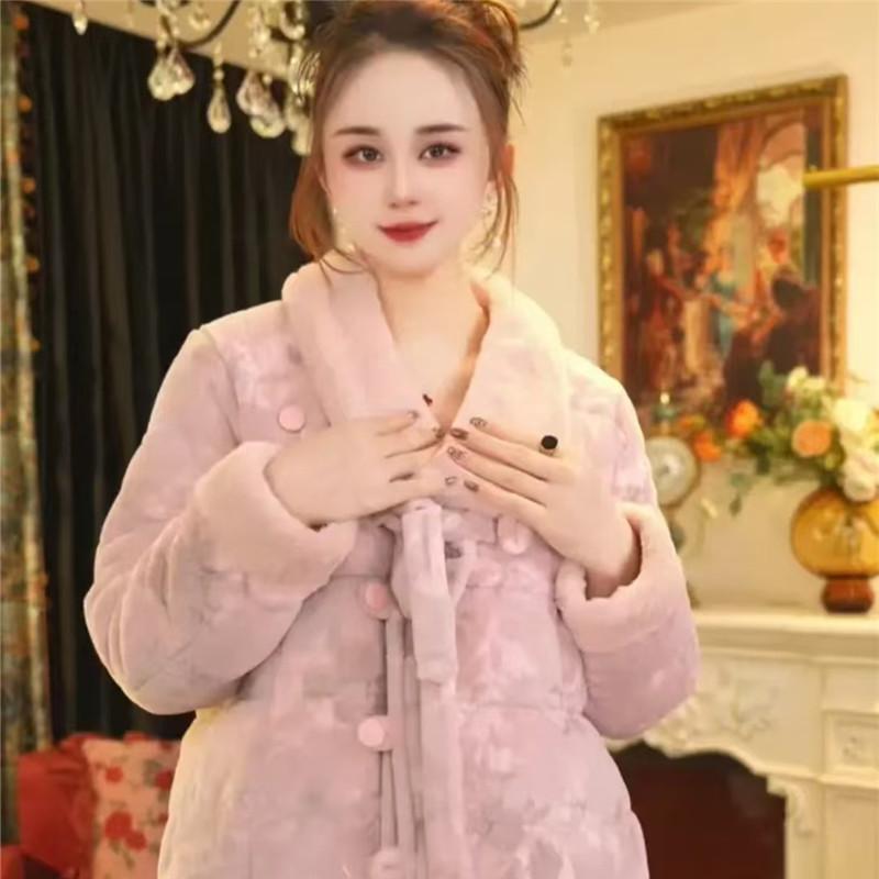 珊瑚绒睡衣女冬季加绒加厚夹棉围巾领保暖棉袄女士中青年妈妈套装