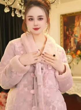 珊瑚绒睡衣女冬季加绒加厚夹棉围巾领保暖棉袄女士中青年妈妈套装