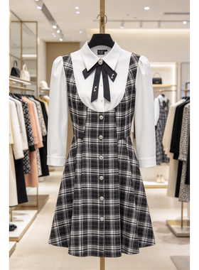 VM国内代购黑色翻领拼接格纹假两件学院风分袖连衣裙女 3233SZ008