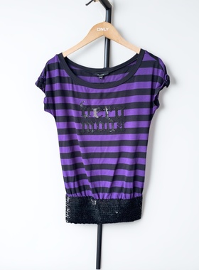 VM国内代购紫色灰色蓝色圆领条纹亮片短袖百搭时尚中长款T恤