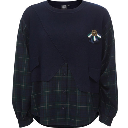 VM国内代购黄色格纹拼接针织圆领宽松休闲长袖衬衫女 323151007