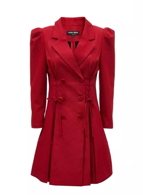 VM国内代购沙棕色深红七分泡泡袖修身收腰西装连衣裙女 32347C005