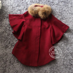 VM国内代购 宽松羊毛大衣毛呢外套女 深红可拆卸貉子毛领荷叶袖
